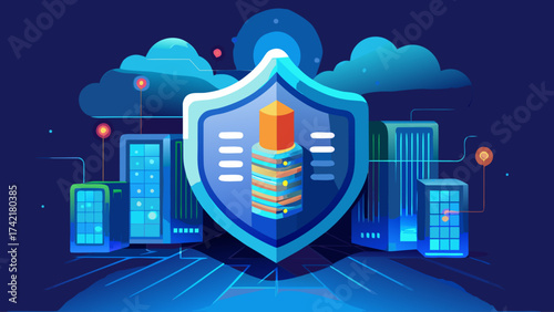 A blue shield with a red and orange tower in the middle. The shield is surrounded by buildings and clouds