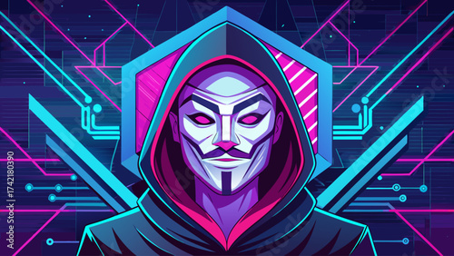 A man with a hooded sweatshirt on and a face with a mask on. The man is wearing a black hoodie and has a red stripe on it