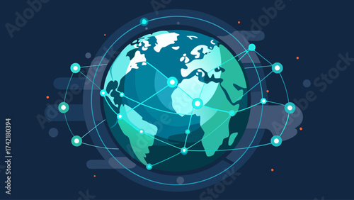 A blue and green planet with a network of lines connecting it. The lines are connected to each other and to the planet, creating a sense of interconnectedness and unity. Concept of a global network