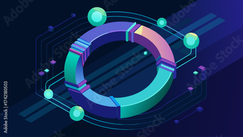 A blue and green circle with a white outline. The circle is surrounded by many small blue and green spheres. The image has a futuristic and technological feel to it
