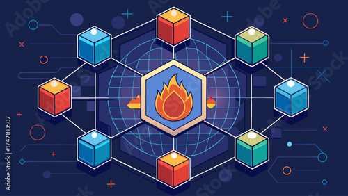 A colorful image of a fire with a blue background and a grid of nine cubes. The cubes are of different colors and sizes, and they are arranged in a way that resembles a network
