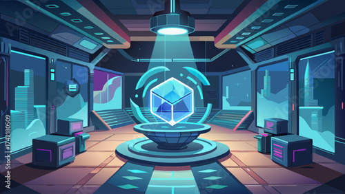A futuristic room with a cube in the center. The cube is surrounded by a blue light, and there are several other cubes scattered throughout the room