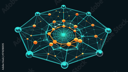 A colorful, complex web of interconnected spheres. The spheres are of various sizes and colors, and they are arranged in a hexagonal pattern. Concept of interconnectedness and complexity