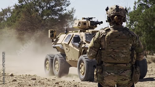 Soldier in Camouflage Uniform with a Tan Military Vehicle on a Field on a Sunny Day