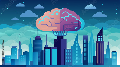 A city skyline with a large brain in the middle. The brain is split into two halves, with one half being blue and the other half being pink. The sky is dark and cloudy, giving the image a moody