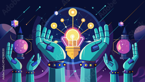 A group of robotic hands are holding a light bulb, symbolizing the idea of innovation and creativity
