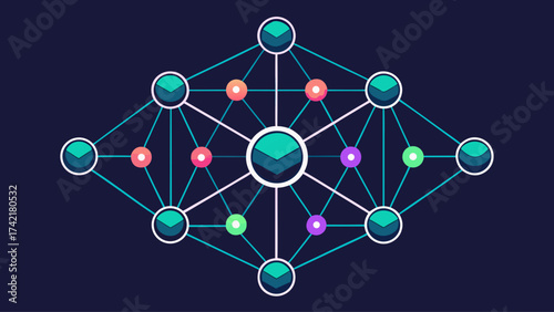A colorful network of nodes and links. The nodes are connected to each other in a complex web. Concept of a vast and intricate network of connections