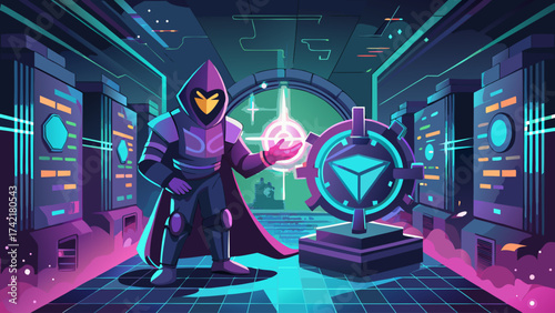 A man in a purple robe stands in front of a large cube. The cube is surrounded by a green glow and the man is holding a glowing orb. The scene is set in a futuristic, neon-lit environment