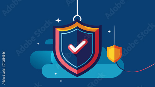 A blue shield with a red check mark on it. The shield is hanging from a string. The shield is a symbol of protection and security