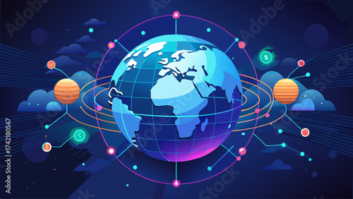 A colorful globe with a blue background and a lot of dots and lines. The globe is surrounded by a lot of other dots and lines, and there are two smaller globes in the background