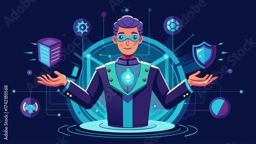 A man in a suit is standing in front of a blue background, holding his hands out in front of him. He has a futuristic appearance with glasses and a blue suit. Concept of innovation and technology
