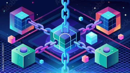 A colorful cube with a chain around it. The chain is connected to other cubes. The cubes are all different colors and sizes