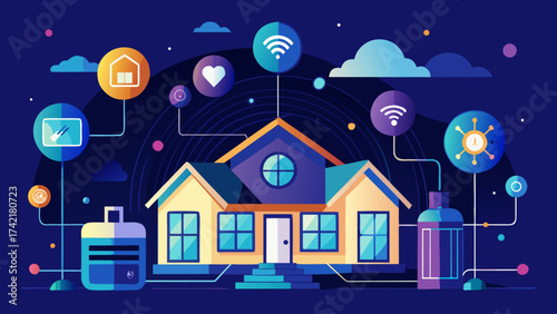 A house with a lot of technology and gadgets on the outside. The house is surrounded by clouds and has a lot of windows