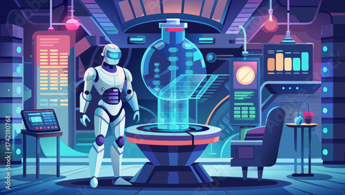 A robot is standing in front of a large glass container. The robot is wearing a white suit and has a blue helmet. The container is filled with a glowing liquid. The room is dimly lit