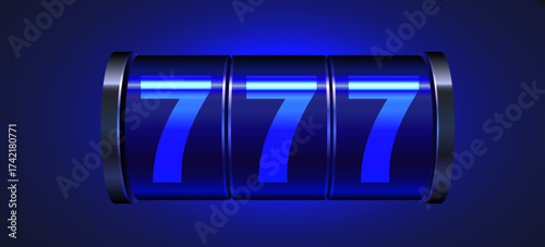 Lucky Triple Sevens Jackpot Slot Machine. A vibrant blue vector illustration symbolizing a big win and success in casino play. Vector illustration.
