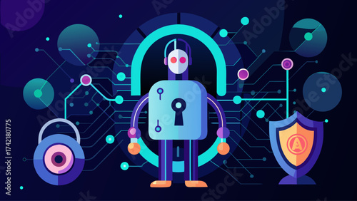 A robot is standing in front of a security gate with a keypad. The robot is holding a key and is ready to unlock the gate. The security gate is surrounded by a lot of wires and circuits