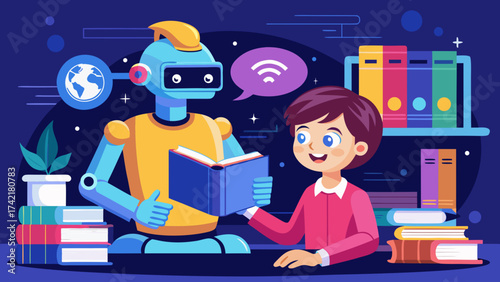 A robot is reading a book to a child. The robot is yellow and the child is smiling. The scene is set in a room with a lot of books and a laptop