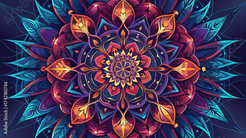 A colorful flower with a blue background. The flower is very detailed and has many different colors. The background is a deep blue color