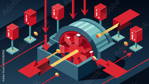 A cartoonish drawing of a machine with a red arrow pointing downward. The machine is surrounded by red blocks and has a red wheel. Scene is somewhat ominous and foreboding