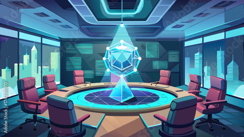 A futuristic office with a large cube in the middle of the room. The cube is surrounded by chairs and a table. The room is filled with blue and red chairs and a large table. The room has a futuristic