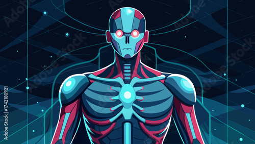 A man with a skeleton body is standing in front of a dark background. The man's face is illuminated by a light source, giving him an eerie appearance. Scene is one of mystery and intrigue