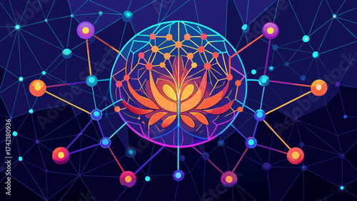 A colorful flower with many dots surrounding it. The flower is surrounded by a web of lines and dots
