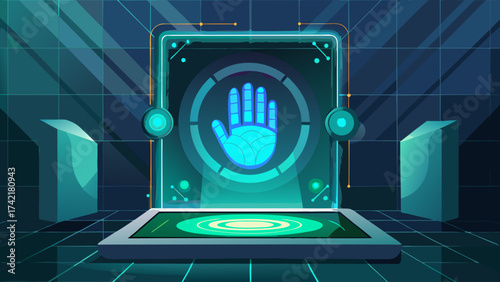 A blue and green image of a hand with a blue circle around it. The hand is pointing to the right