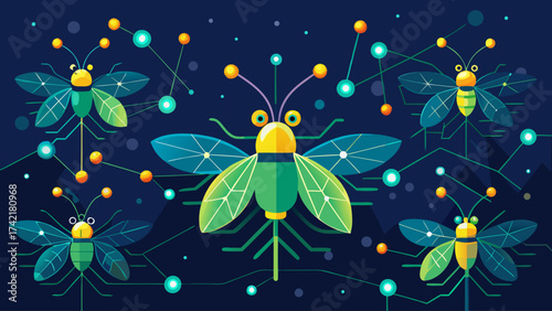 A group of green insects with yellow eyes are flying around in a blue background. The insects are connected to each other by lines, creating a sense of unity and community. Scene is one of curiosity