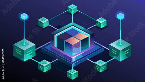 A blue and green image of a cube with a network of cubes surrounding it. The cubes are all different sizes and colors, and they are all connected to each other