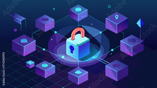 A blue and purple image of a lock with a key on it. The lock is surrounded by many other cubes, some of which are purple and some are blue. Concept of security and protection