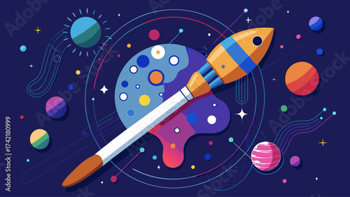 A colorful painting of a rocket with a brush on it. The brush is in the middle of the painting and the rocket is on the right side. The painting has a space theme with many planets