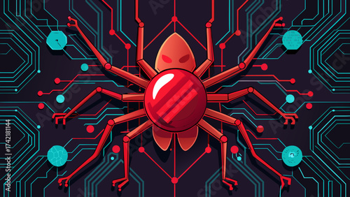 A spider with red legs and a red head is crawling on a black background. The spider is surrounded by a lot of wires and circuits, giving the impression of a futuristic or sci-fi setting