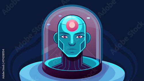 A man's face is inside a glass dome. The dome is blue and the man's face is also blue