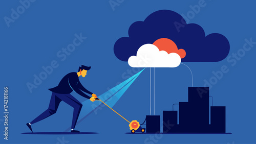 A man is using a laser level to measure a building. The building is surrounded by a cloud and there are several buildings in the background