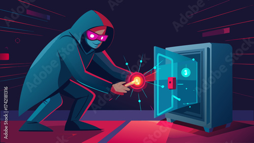 A man in a hoodie is trying to break into a safe. The safe has a keypad and a keyhole
