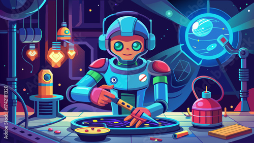 A robot is working on a project in a space station. The robot is wearing a helmet and has a pair of scissors in its hand. The space station is filled with various objects, including a keyboard