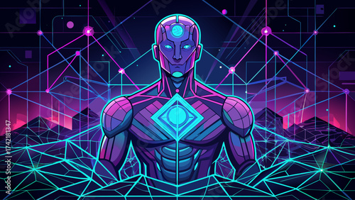 A man in a purple suit stands in front of a blue and purple background. The man is surrounded by a network of lines and shapes, giving the impression of a futuristic, technological world