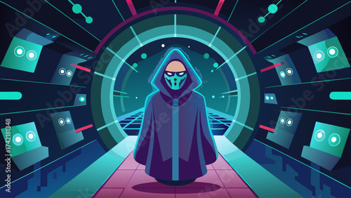 A man in a hooded cloak stands in front of a large, circular door. The room is dimly lit and features a number of computer monitors. The man is a character from a science fiction story
