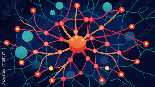 A colorful drawing of a brain with many different colored dots. The drawing is abstract and has a lot of detail