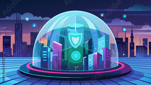 A city is shown inside a dome, with a green shield on top. The dome is surrounded by buildings, and the city appears to be in a futuristic setting. Scene is one of wonder and excitement
