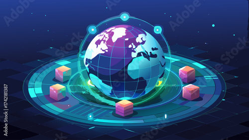 A blue and green image of a globe with a bunch of cubes surrounding it. The cubes are of different sizes and colors, and they are scattered around the globe. Concept of technology and innovation