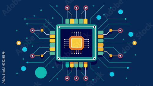 A computer chip is shown in a blue background with a lot of dots. The chip is surrounded by a lot of wires and circuits. Concept of technology and the complexity of computer systems