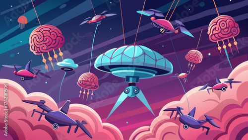 A colorful space scene with many flying robots and a large blue one with a brain on top. Scene is playful and imaginative
