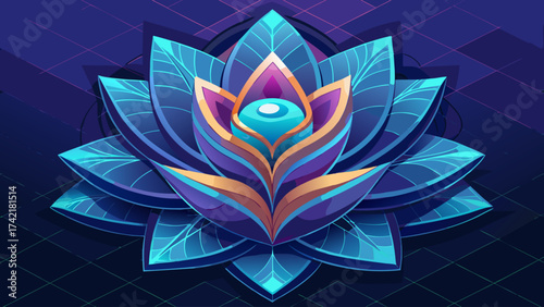 A flower with a blue center and gold leaves. The flower is surrounded by a blue background. The flower is a symbol of peace and tranquility