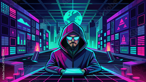 A man in a hoodie is sitting in front of a computer screen. The image is a representation of a futuristic cityscape with neon lights and a glowing moon. The man is wearing glasses