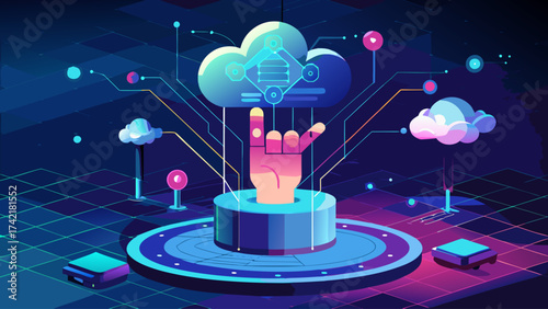 A hand is pointing to a cloud of data. The image is a representation of the vast amount of information that is constantly being generated and processed in the digital world