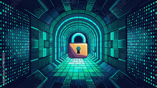A green tunnel with a lock on the door. The tunnel is filled with green squares. The lock is silver and has a keyhole