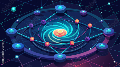 A colorful galaxy with a bright yellow star in the center. The galaxy is surrounded by a blue and purple background