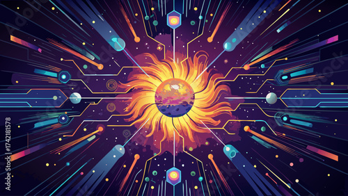 A colorful painting of a sun surrounded by planets and stars. The painting has a futuristic and otherworldly feel to it