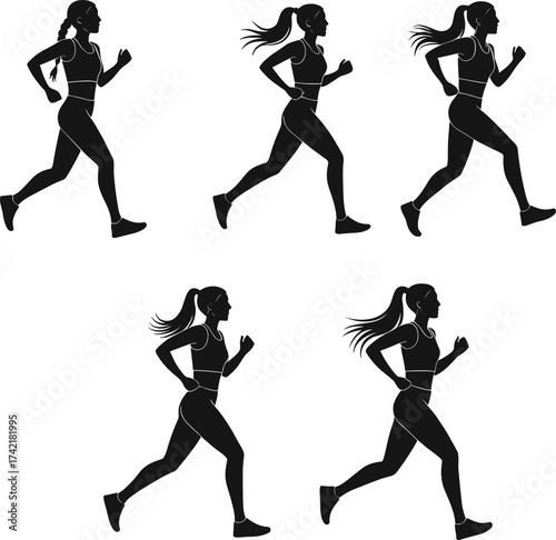 Running silhouettes, athletic motion sequence, jogging stride illustration, fitness training concept, sports performance, runner poses, biomechanics study, dynamic exercise movement, athlete lifestyle